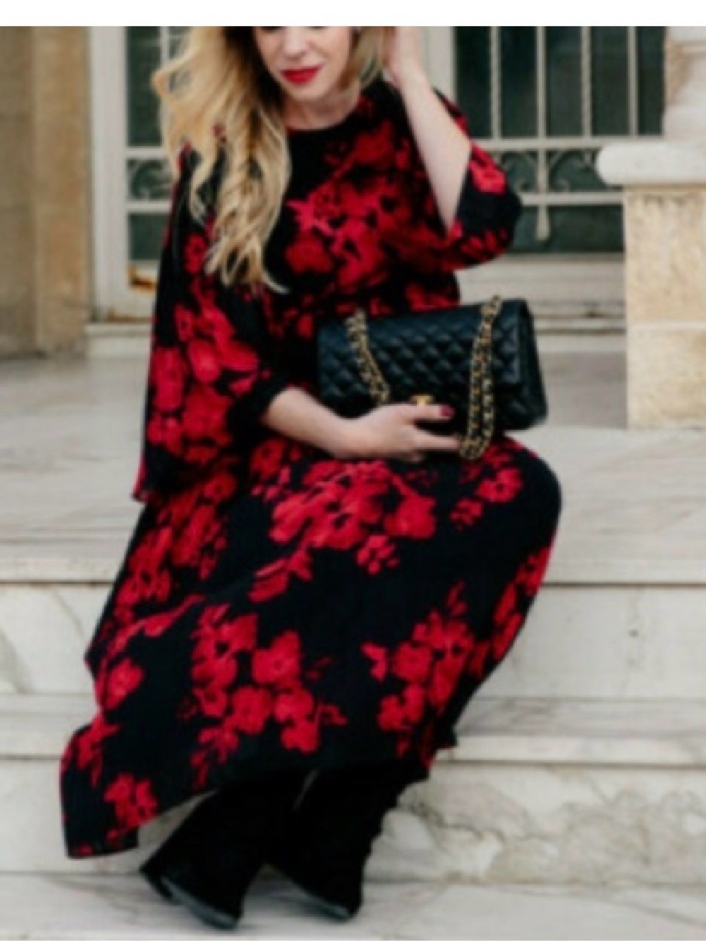 H&M Black Midi Dress with Red Floral Pattern - Picture 5 of 6